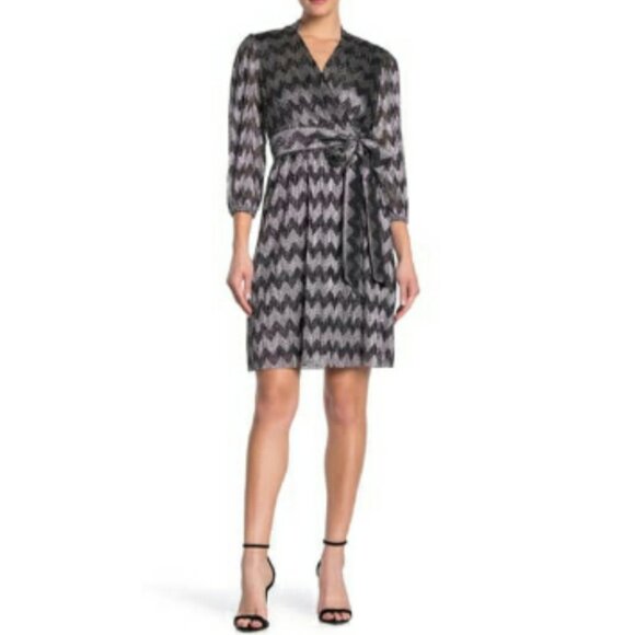 Eliza J.  Black/Silver Metallic Chevron Faux Wrap Dress Sz 14 - Picture 2 of 14